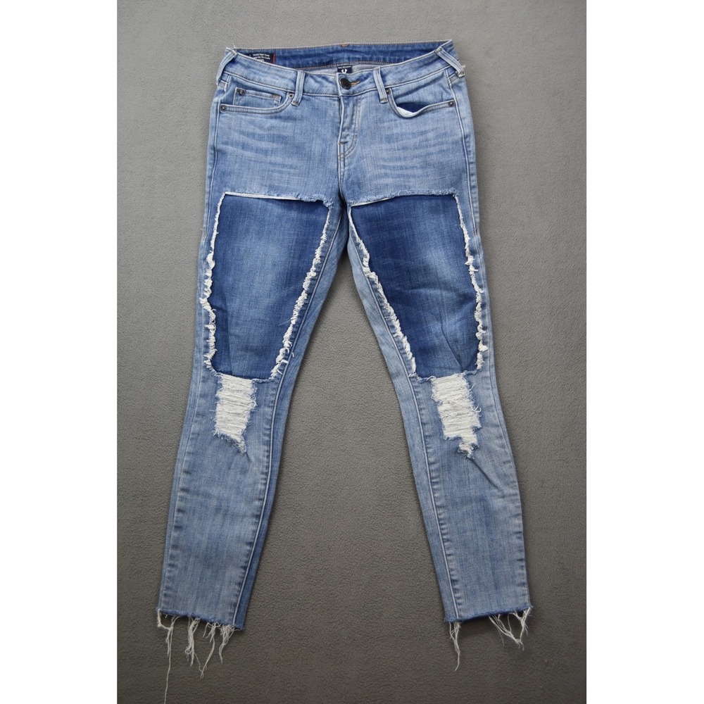 True Religion Halle Mid Rise Super Skinny Distressed Patch Jeans Sz 28